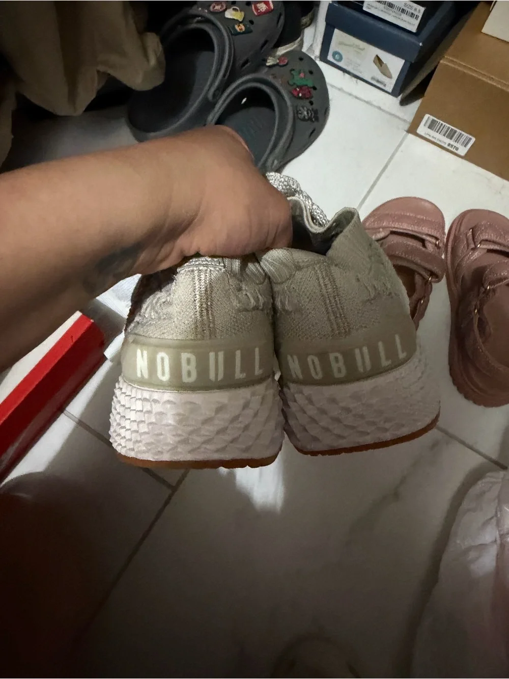 NOBULL Beige Knit Sneakers with Orange Outsoles